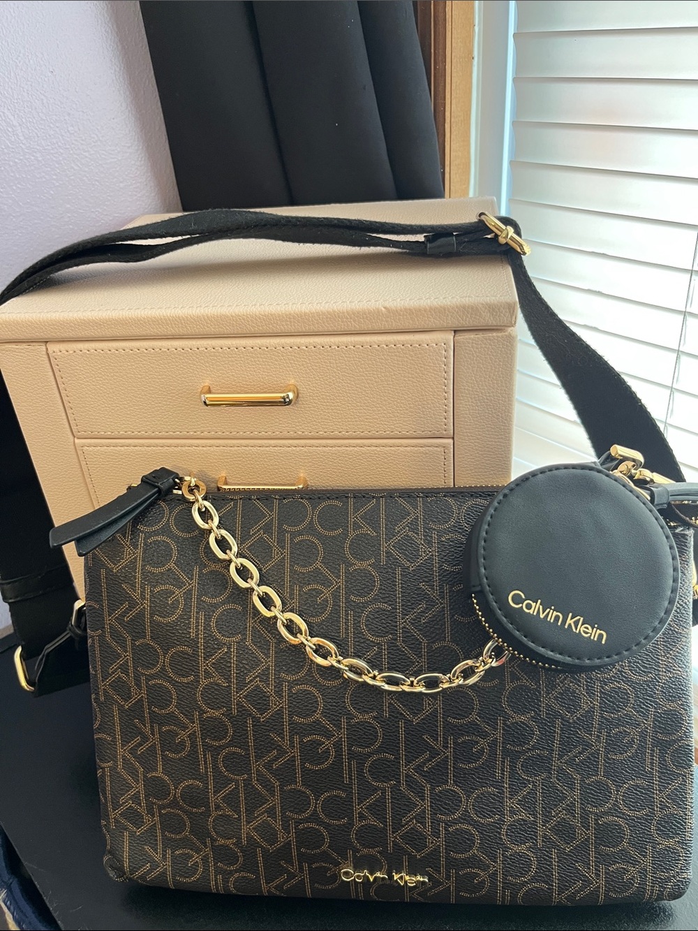Calvin Klein Brown Monogram Crossbody with Gold Chain and Black Coin Pouch